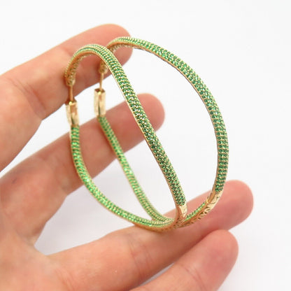 925 Sterling Gold Plated Peridot-Tone C Z In & Out Large Curved Hoop Earrings