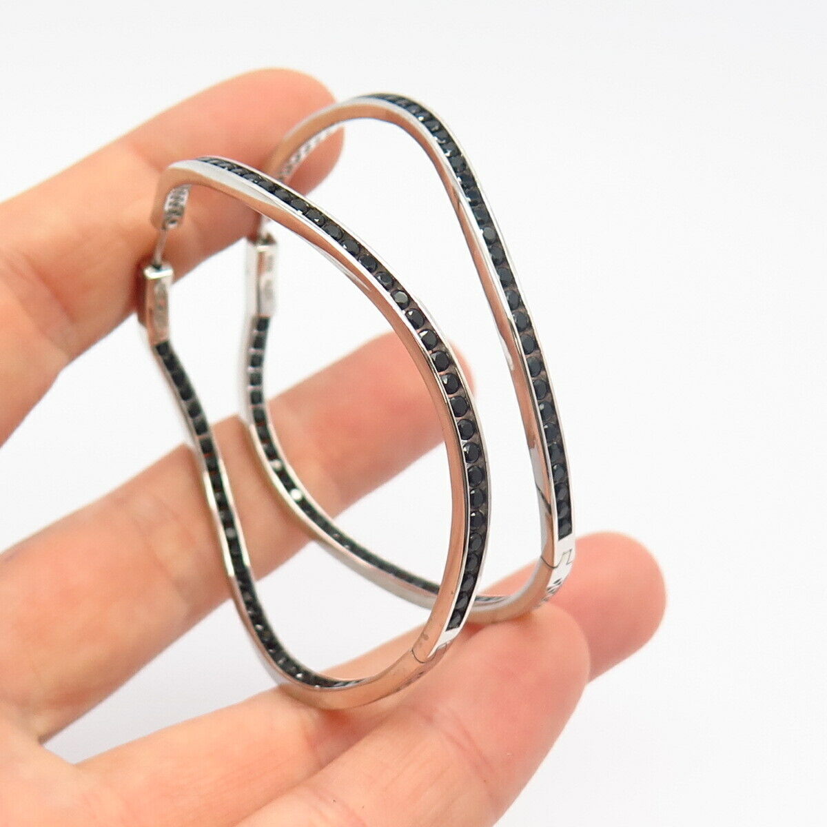 925 Sterling Silver Black-Tone C Z In & Out Curved Hoop Earrings