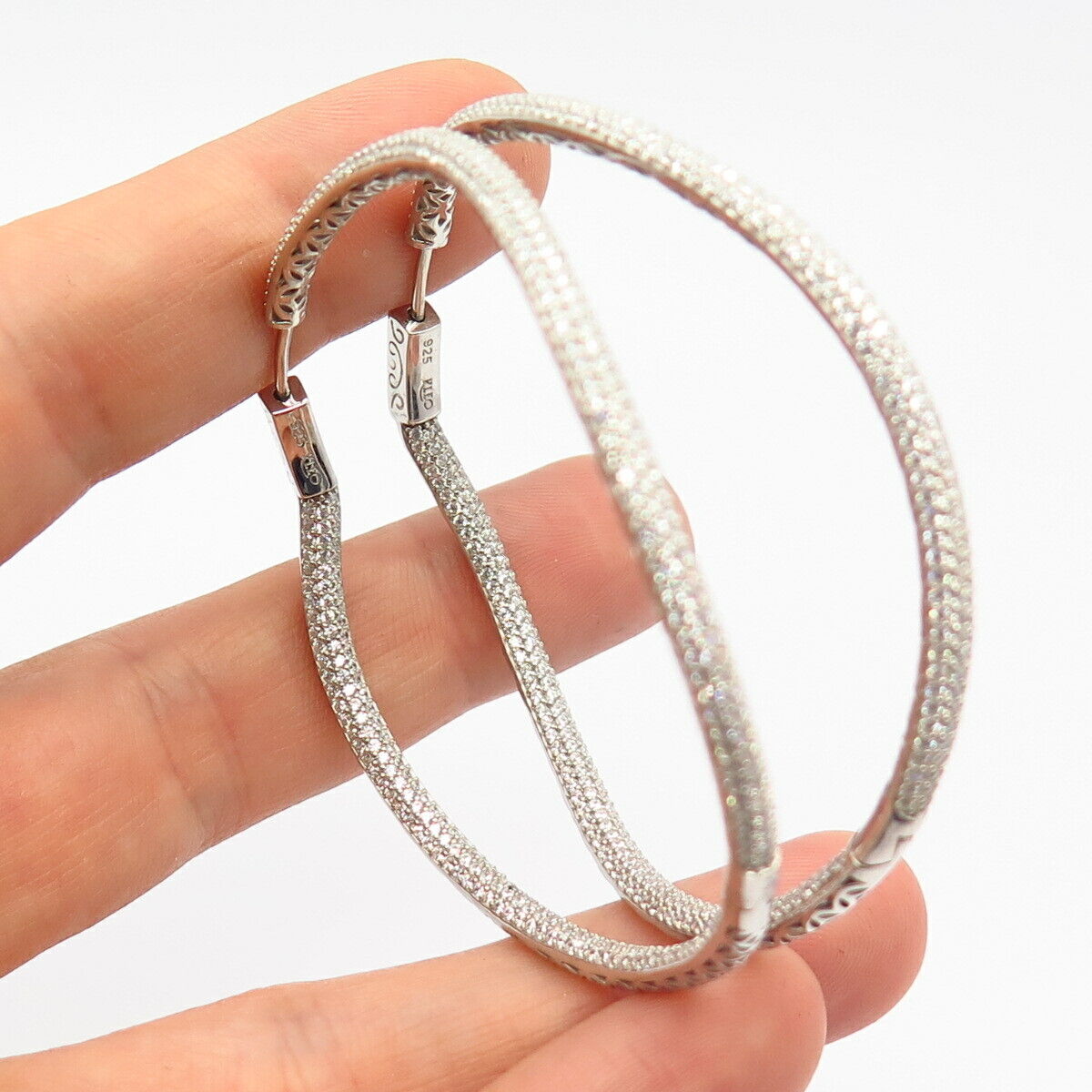 925 Sterling Silver C Z In & Out Curved Hoop Earrings