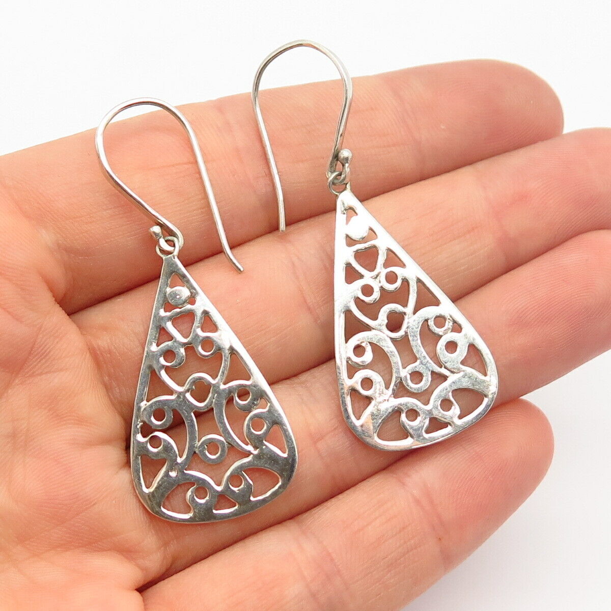 925 Sterling Silver Teardrop Ornate Design Dangling Earrings