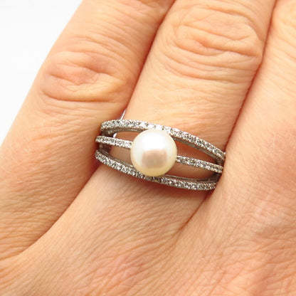 925 Sterling Silver Real Pearl & C Z 3-Row Ring Size 7