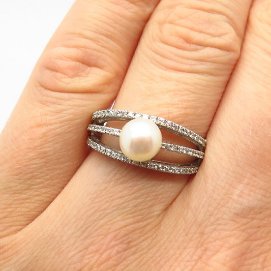 925 Sterling Silver Real Pearl & C Z 3-Row Ring Size 7