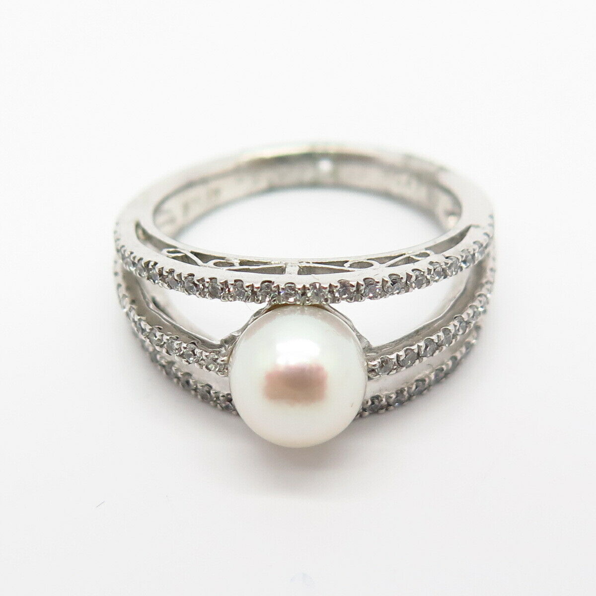 925 Sterling Silver Real Pearl & C Z 3-Row Ring Size 7