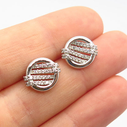 925 Sterling Silver C Z Striped Design Round Stud Earrings