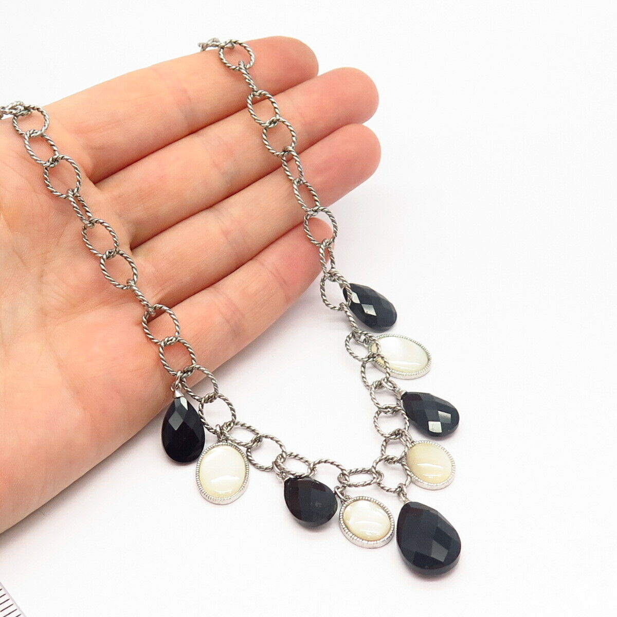 925 Sterling Silver Mother-of-Pearl & Melanite Gem Oval Chain Necklace 17"