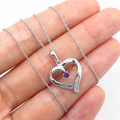 925 Sterling Silver Amethyst Gem & C Z Open Heart Pendant Chain Necklace 17"