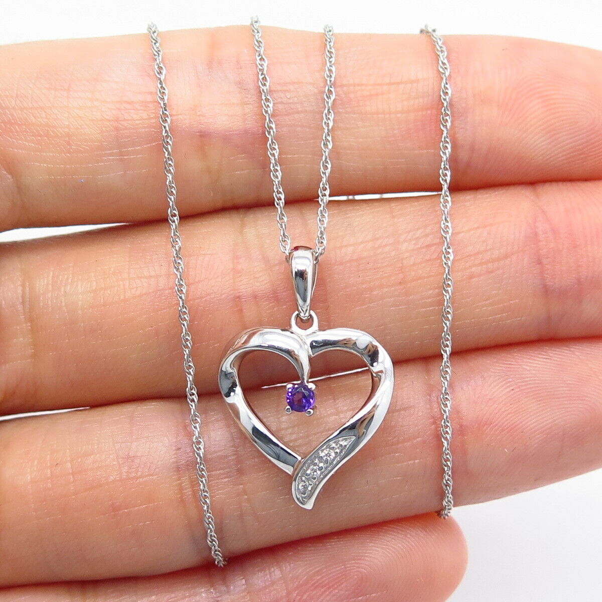 925 Sterling Silver Amethyst Gem & C Z Open Heart Pendant Chain Necklace 17"