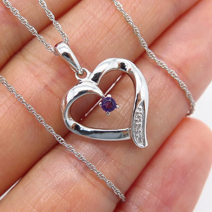 925 Sterling Silver Amethyst Gem & C Z Open Heart Pendant Chain Necklace 17"