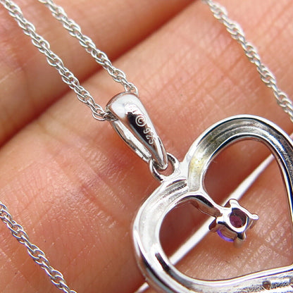 925 Sterling Silver Amethyst Gem & C Z Open Heart Pendant Chain Necklace 17"