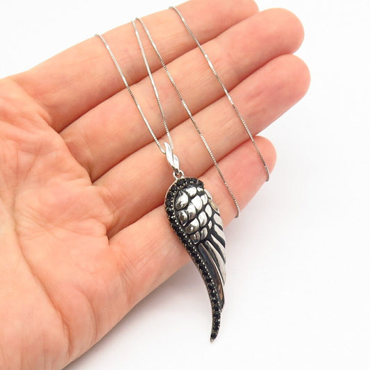 925 Sterling Silver Black C Z Wing Design Pendant Box Chain Necklace 17"