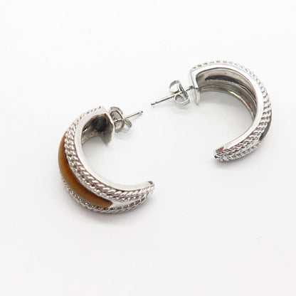 925 Sterling Silver Tiger Eye Gemstone Half Hoop Earrings