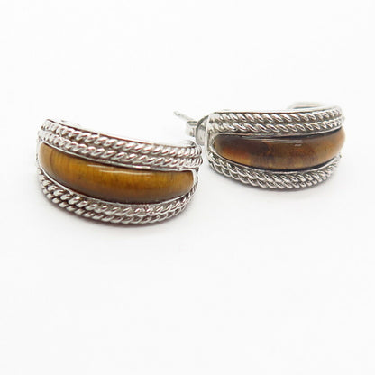 925 Sterling Silver Tiger Eye Gemstone Half Hoop Earrings