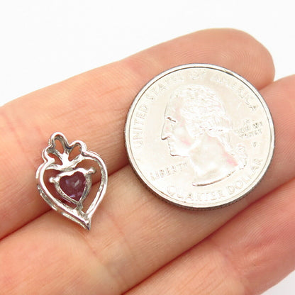 925 Sterling Silver Real Amethyst Gemstone Heart Design Small Slide Pendant