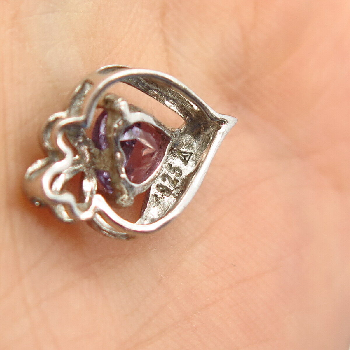 925 Sterling Silver Real Amethyst Gemstone Heart Design Small Slide Pendant