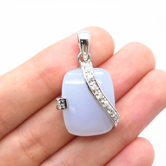 925 Sterling Silver Real Chalcedony Gem & C Z Wrapped Square Pendant