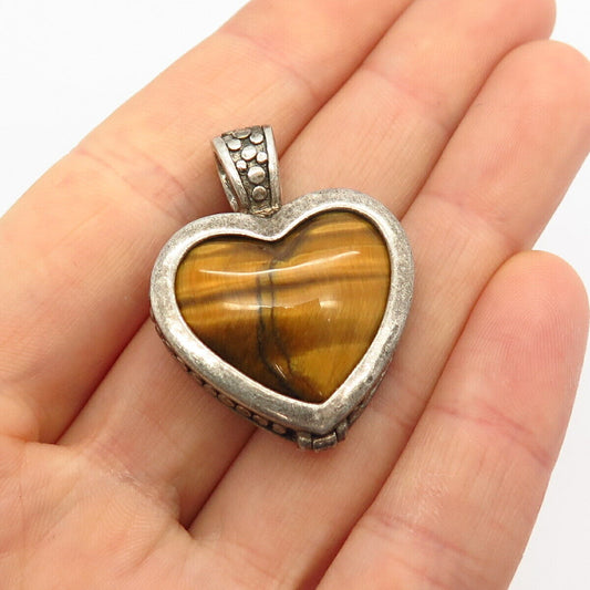 925 Sterling Silver Real Tiger Eye & Picture Jasper Gem Reversible Heart Pendant