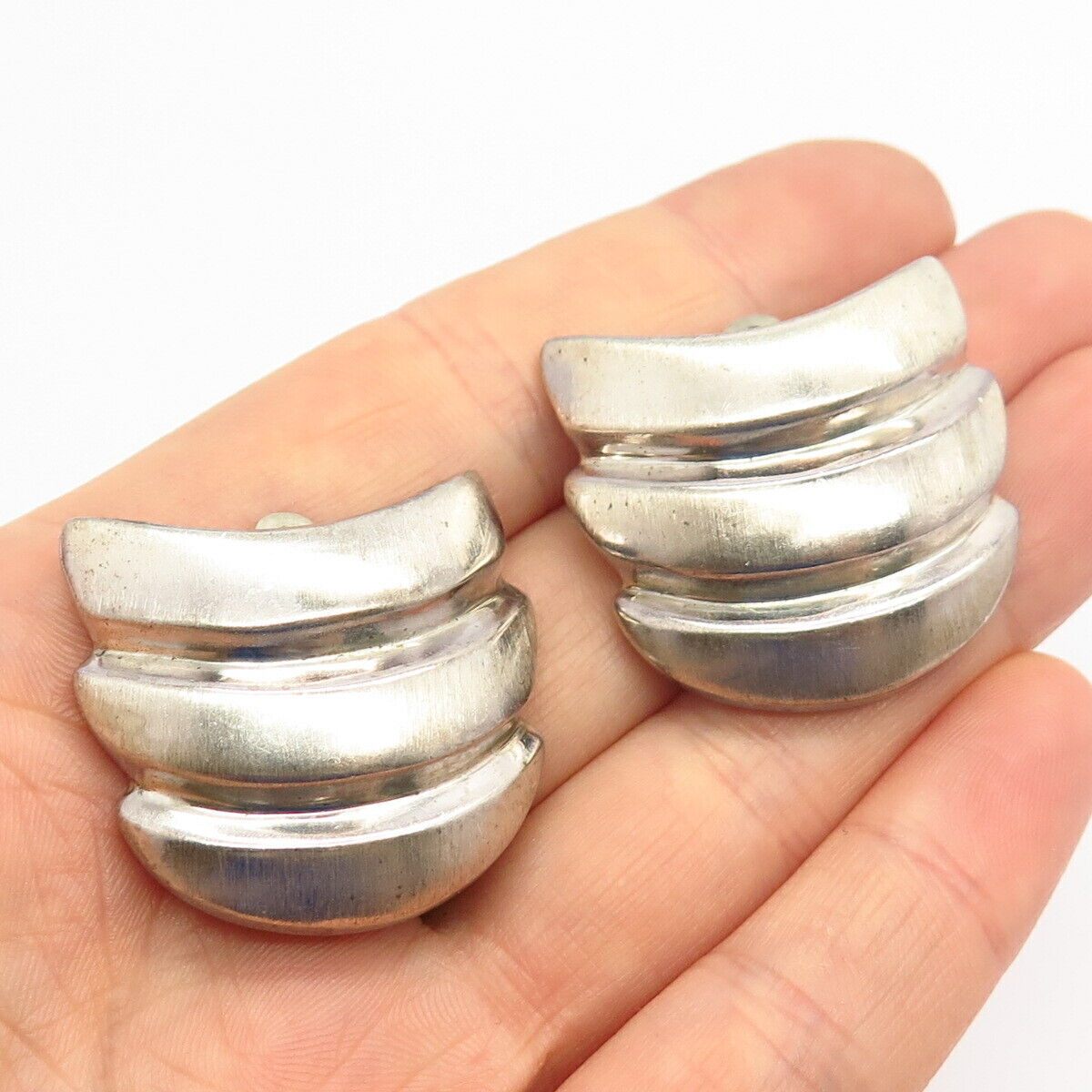 925 Sterling Silver Vintage Ribbed Design Clip On Earrings