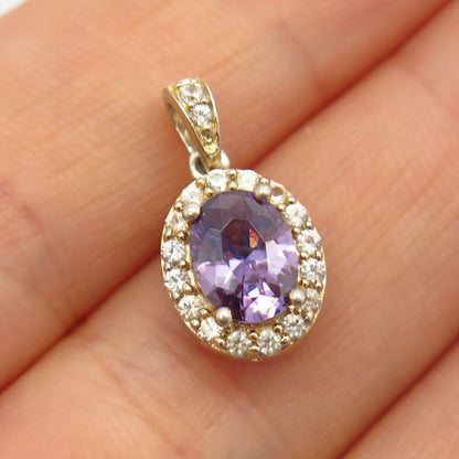 925 Sterling Silver Gold Plated White & Amethyst-Tone C Z Oval Shape Pendant