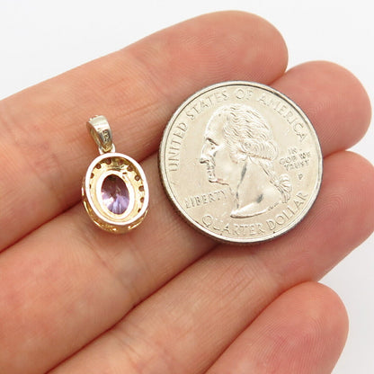 925 Sterling Silver Gold Plated White & Amethyst-Tone C Z Oval Shape Pendant