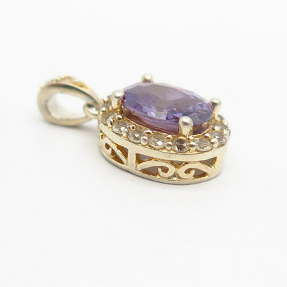 925 Sterling Silver Gold Plated White & Amethyst-Tone C Z Oval Shape Pendant