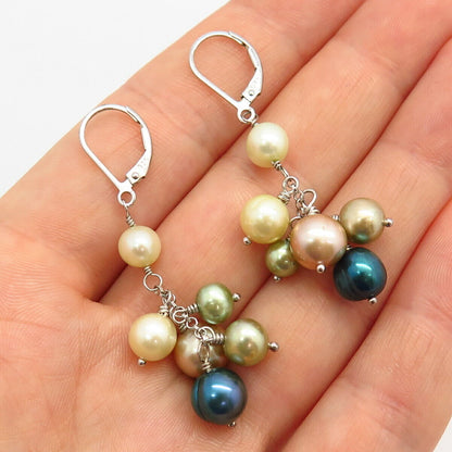 925 Sterling Silver Real Multi-Color Pearl Cha Cha Cluster Design Drop Earrings