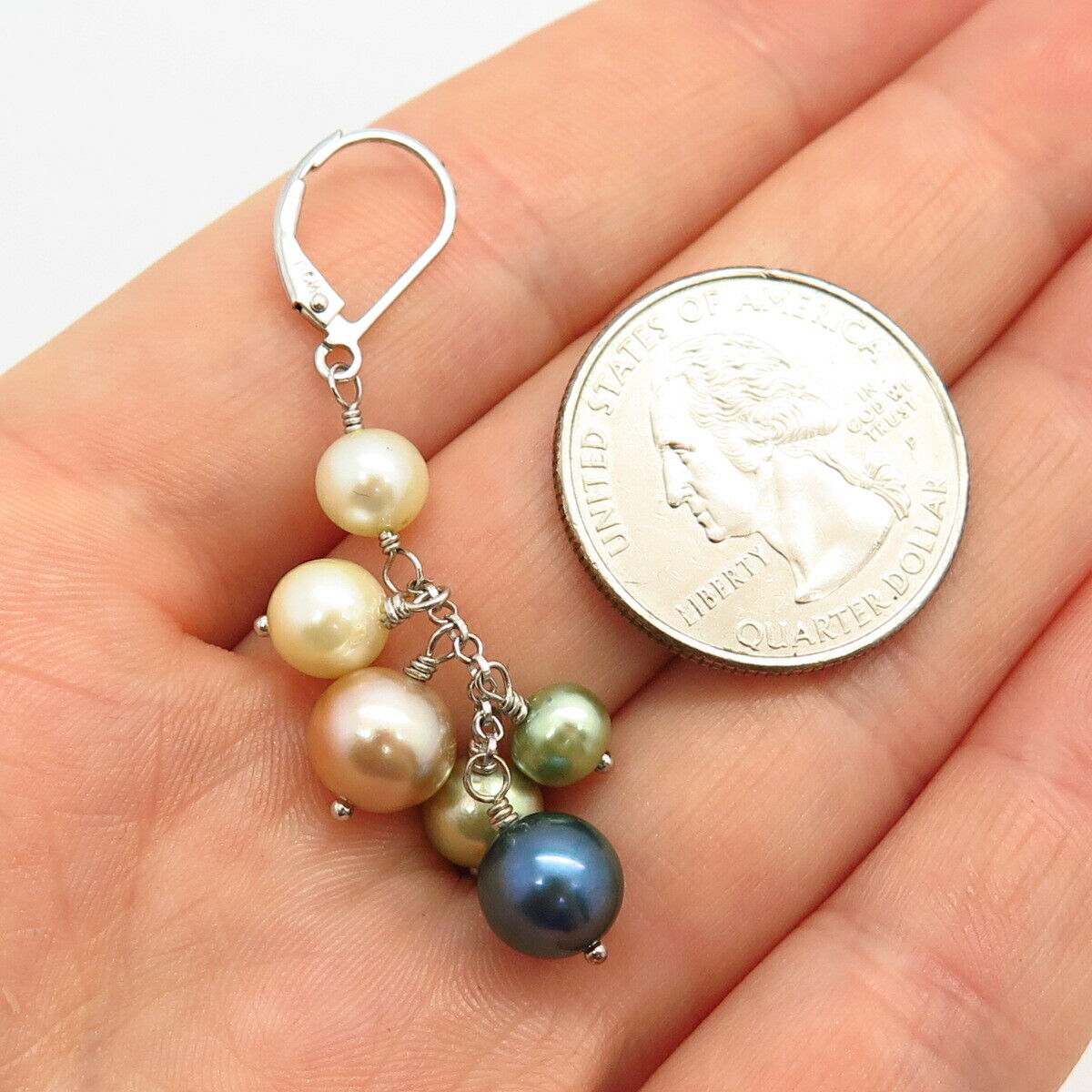 925 Sterling Silver Real Multi-Color Pearl Cha Cha Cluster Design Drop Earrings