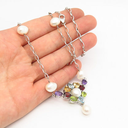 925 Sterling Silver Real Pearl & Multi-Color Gem Chain Necklace 18"