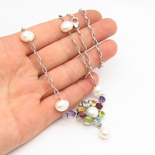 925 Sterling Silver Real Pearl & Multi-Color Gem Chain Necklace 18"