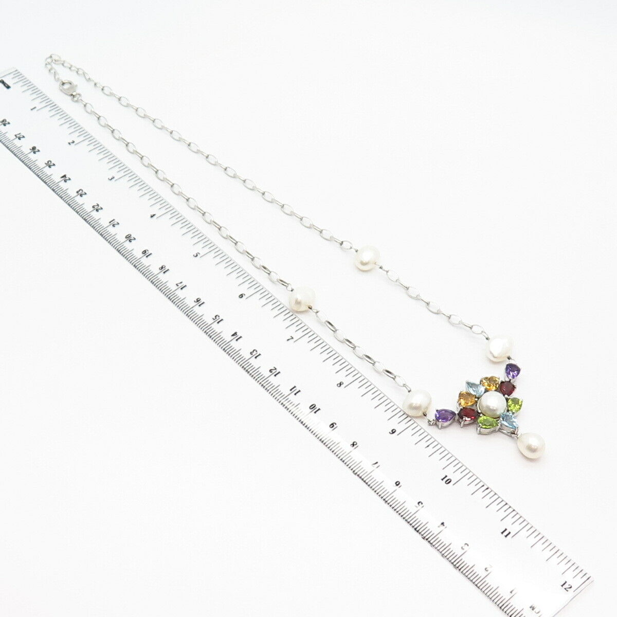 925 Sterling Silver Real Pearl & Multi-Color Gem Chain Necklace 18"