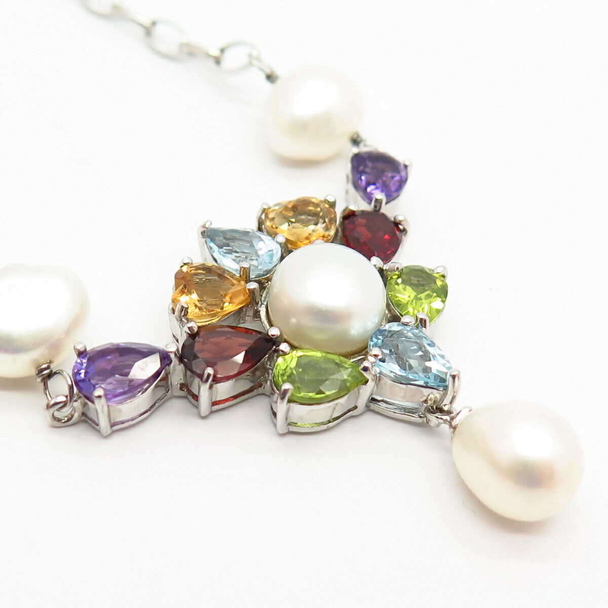 925 Sterling Silver Real Pearl & Multi-Color Gem Chain Necklace 18"