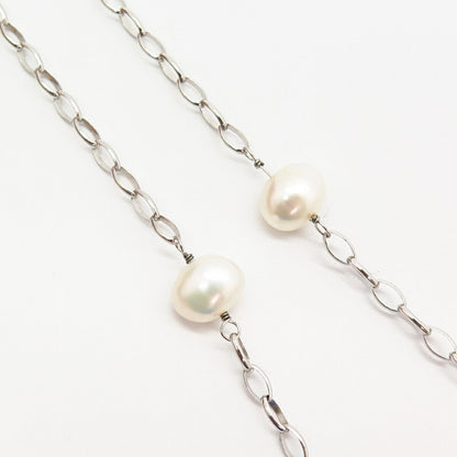 925 Sterling Silver Real Pearl & Multi-Color Gem Chain Necklace 18"