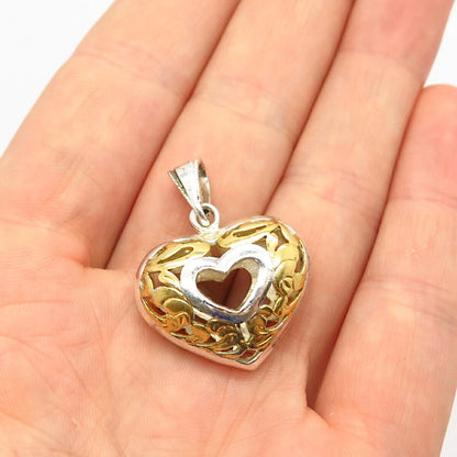 925 Sterling Silver 2-Tone Cutout Heart Design Hollow Pendant