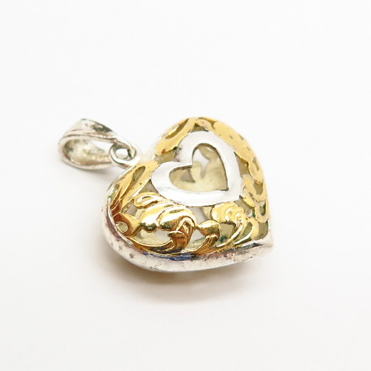 925 Sterling Silver 2-Tone Cutout Heart Design Hollow Pendant