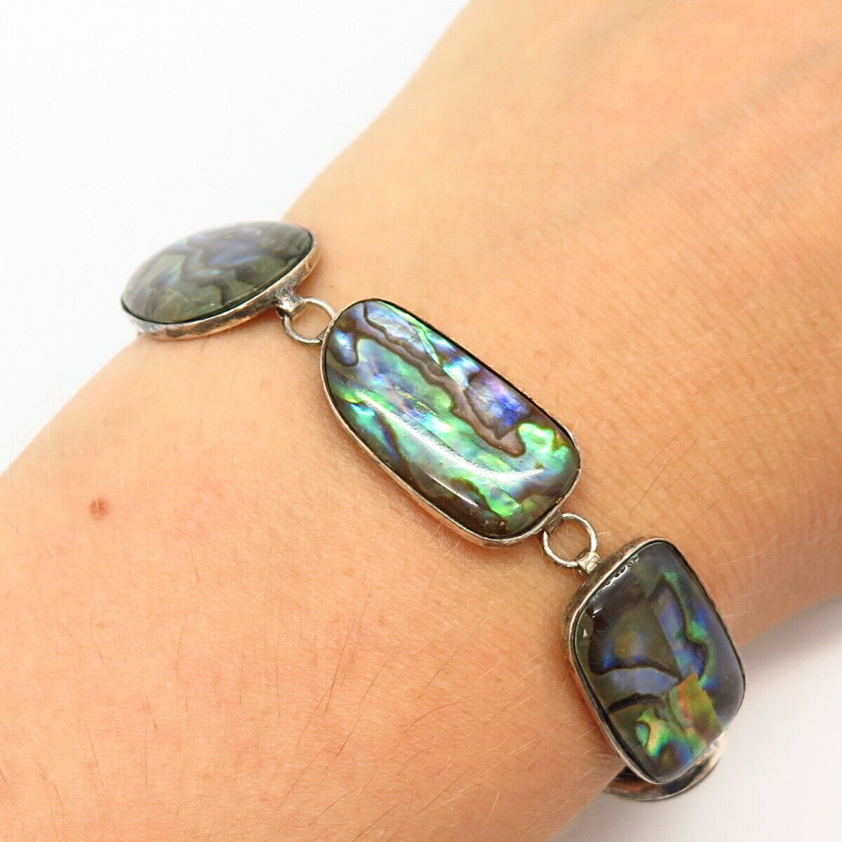 925 Sterling Silver Real Abalone Shell Link Bracelet 7-7 3/4"