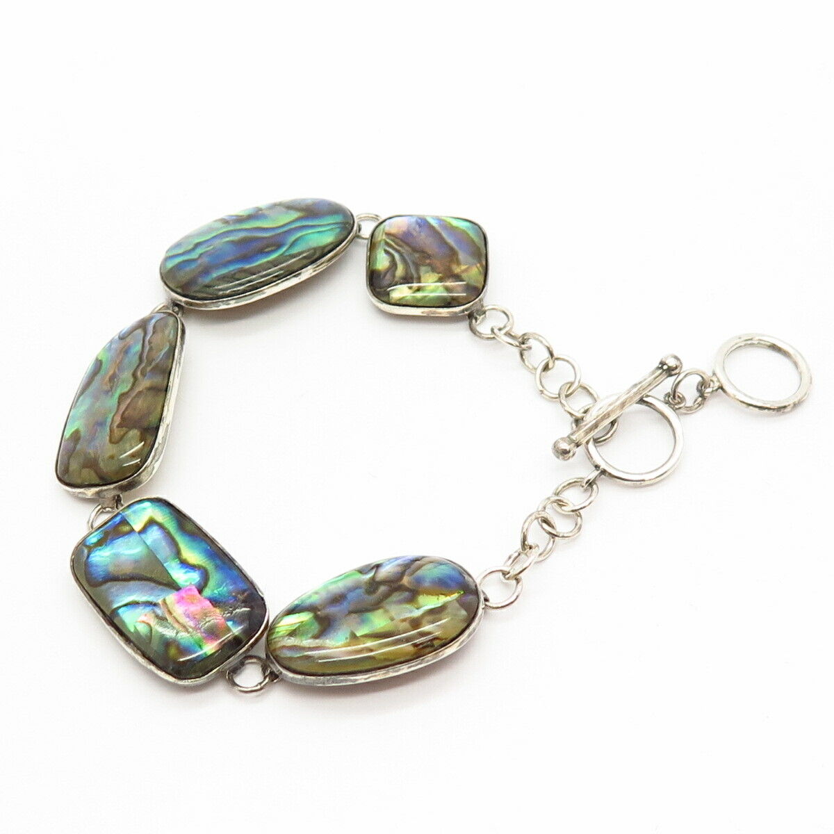 925 Sterling Silver Real Abalone Shell Link Bracelet 7-7 3/4"