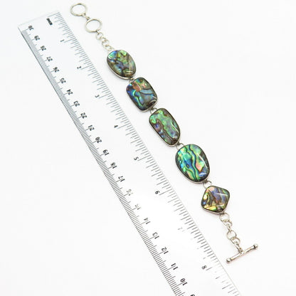 925 Sterling Silver Real Abalone Shell Link Bracelet 7-7 3/4"