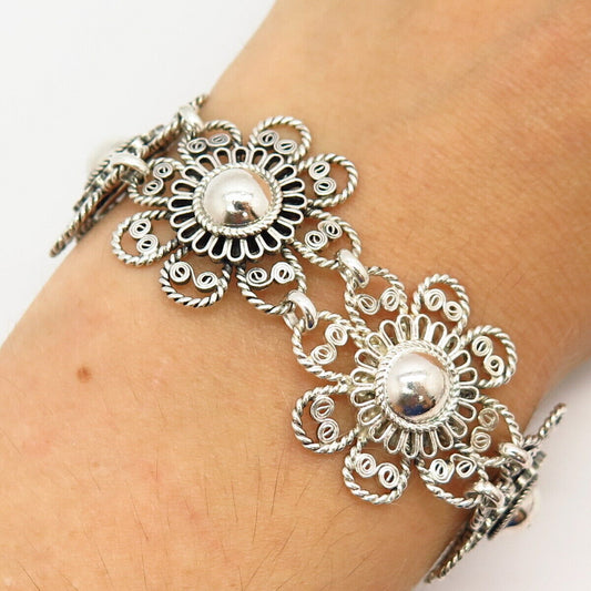 925 Sterling Silver Floral Design Wide Link Bracelet 8"