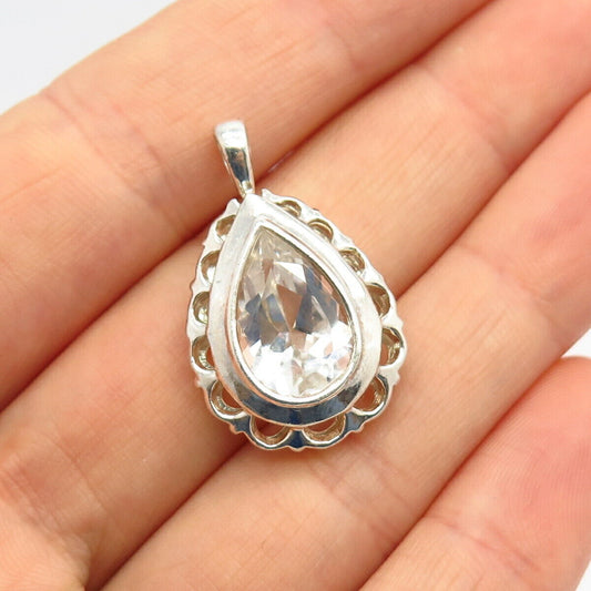 925 Sterling Silver C Z Cutout Tear Drop Design Ornate Pendant