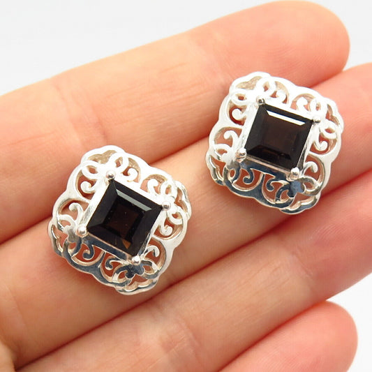 925 Sterling Silver Real Smoky Quartz Gem Ornate Square Design Earrings