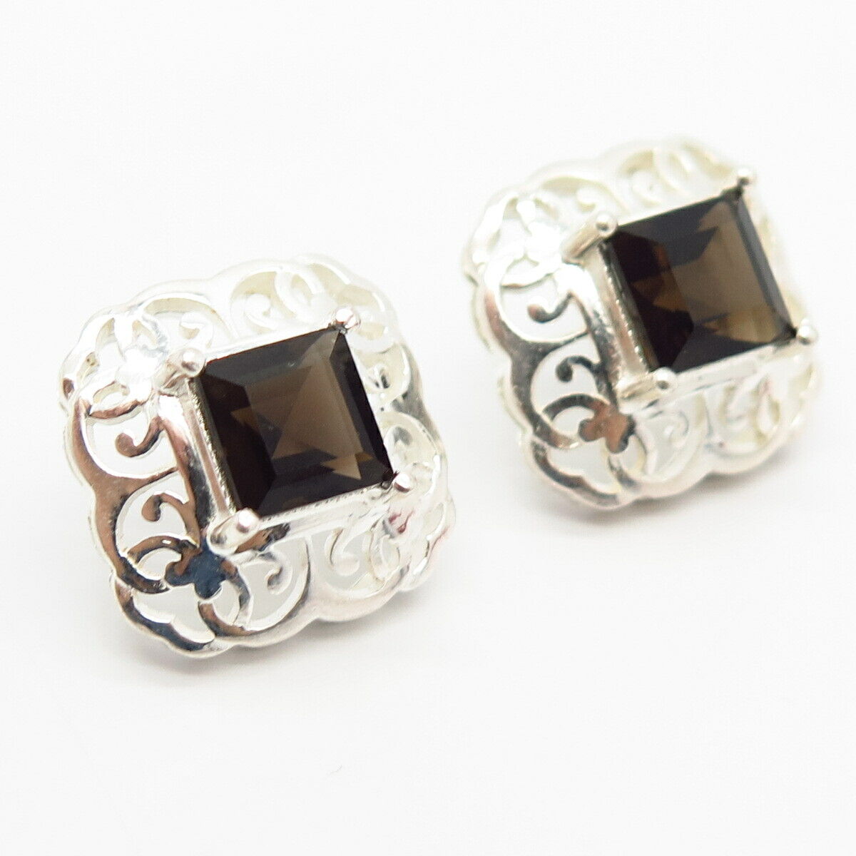 925 Sterling Silver Real Smoky Quartz Gem Ornate Square Design Earrings