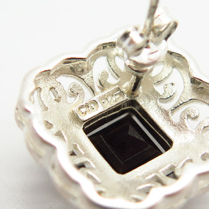 925 Sterling Silver Real Smoky Quartz Gem Ornate Square Design Earrings