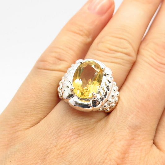 925 Sterling Silver Real Citrine Gem Beaded Design Statement Ring Size 7.5