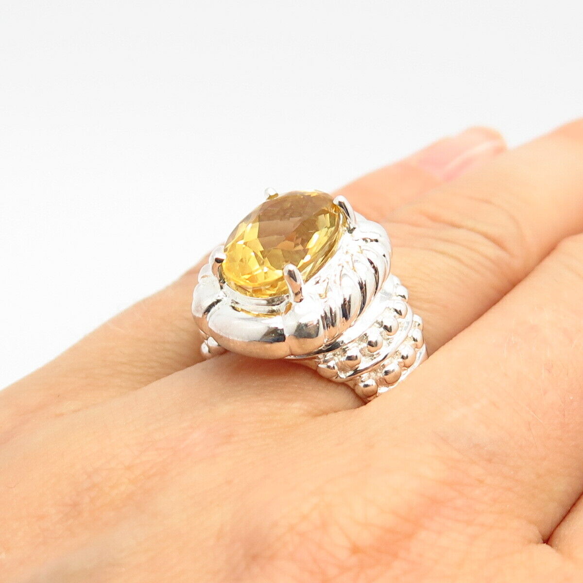 925 Sterling Silver Real Citrine Gem Beaded Design Statement Ring Size 7.5