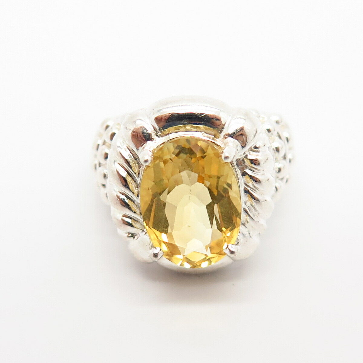 925 Sterling Silver Real Citrine Gem Beaded Design Statement Ring Size 7.5