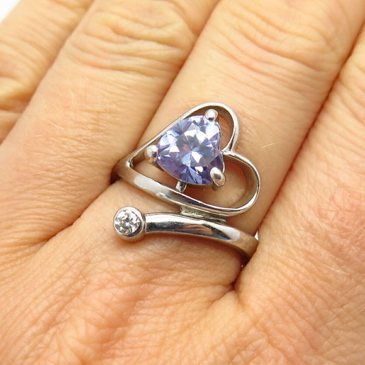 925 Sterling Silver White & Lavender-Tone C Z Open Heart Bypass Ring Size 8