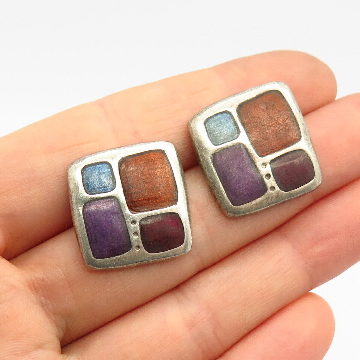 925 Sterling Silver Colorful Enamel Square Design Earrings