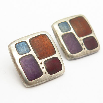 925 Sterling Silver Colorful Enamel Square Design Earrings