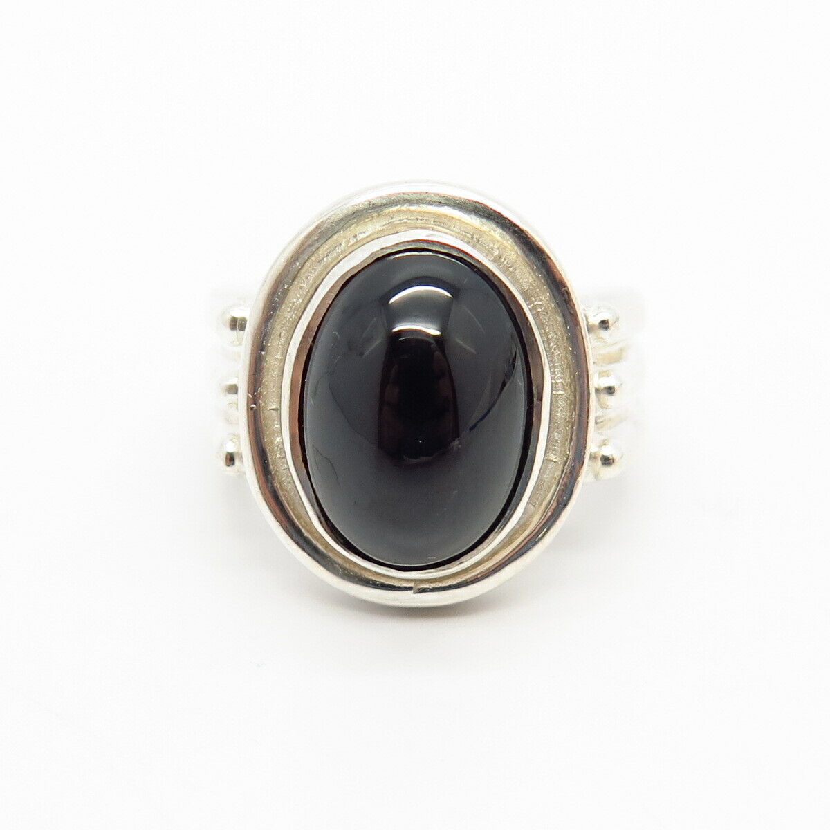 925 Sterling Silver Real Black Onyx Gemstone Ribbed Design Ring