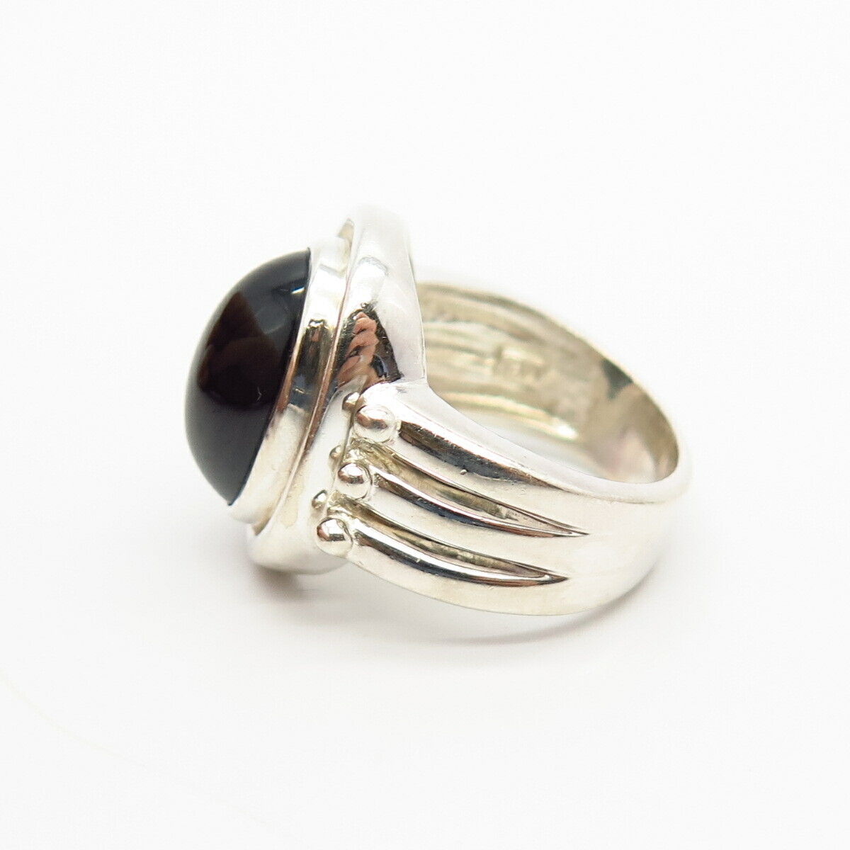 925 Sterling Silver Real Black Onyx Gemstone Ribbed Design Ring