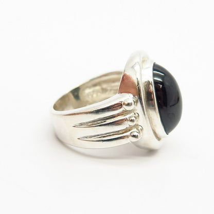 925 Sterling Silver Real Black Onyx Gemstone Ribbed Design Ring